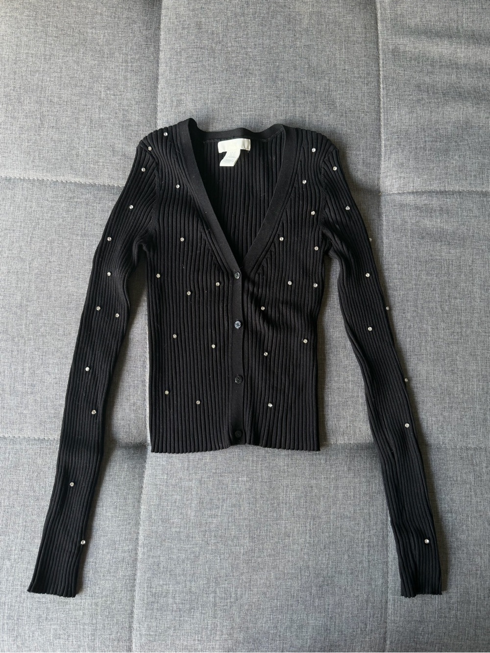 H&M Black Ribbed V-Neck Cardigan with Diamond Studs